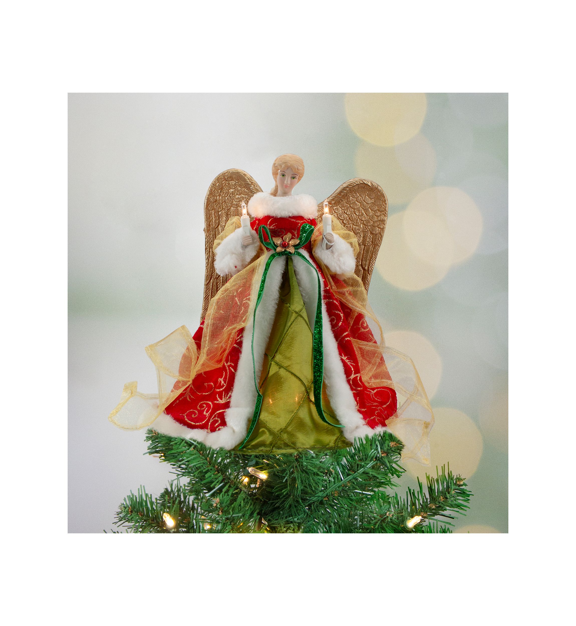 12Inch Lighted Red and Green Angel with Wings Christmas Tree Topper - Clear Lights