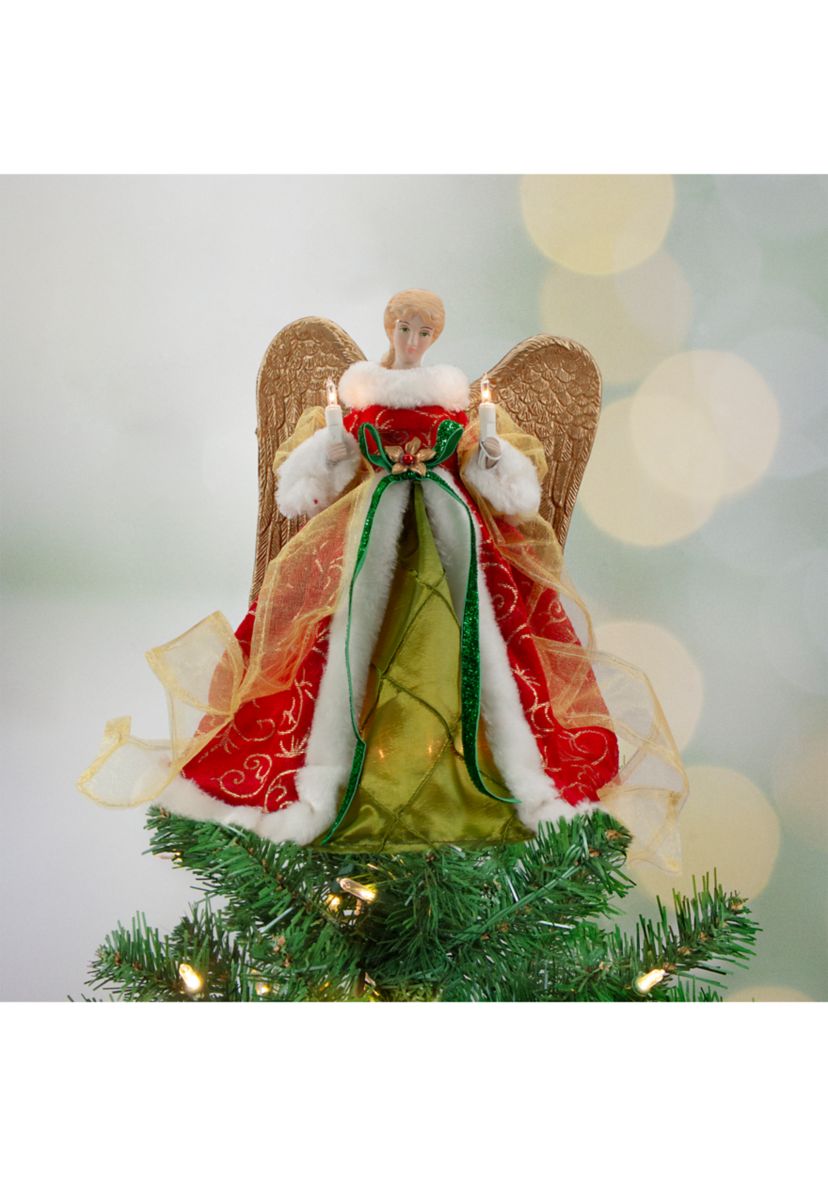 12Inch Lighted Red and Green Angel with Wings Christmas Tree Topper - Clear Lights