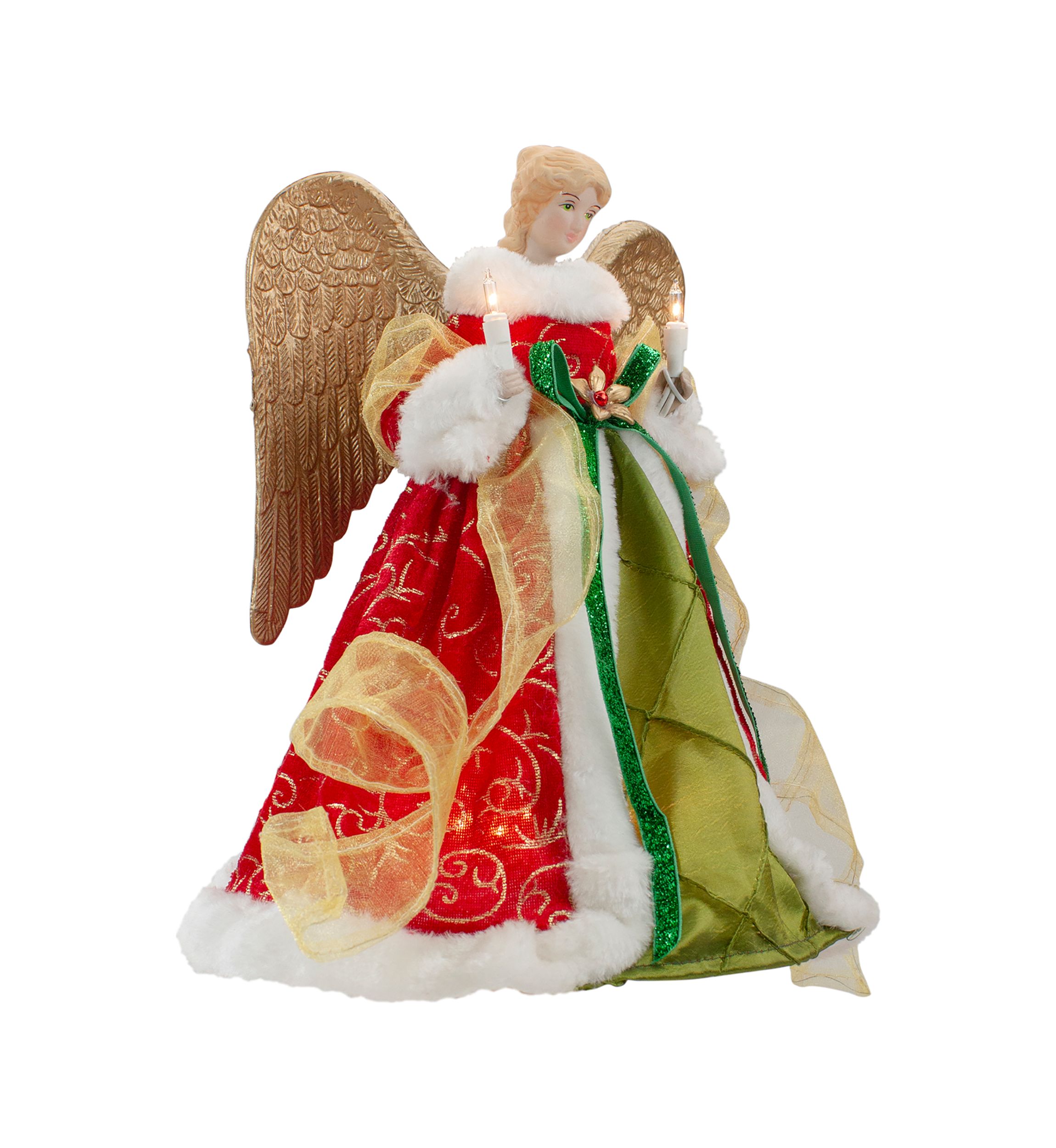 12Inch Lighted Red and Green Angel with Wings Christmas Tree Topper - Clear Lights