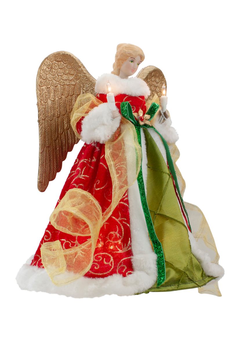 12Inch Lighted Red and Green Angel with Wings Christmas Tree Topper - Clear Lights