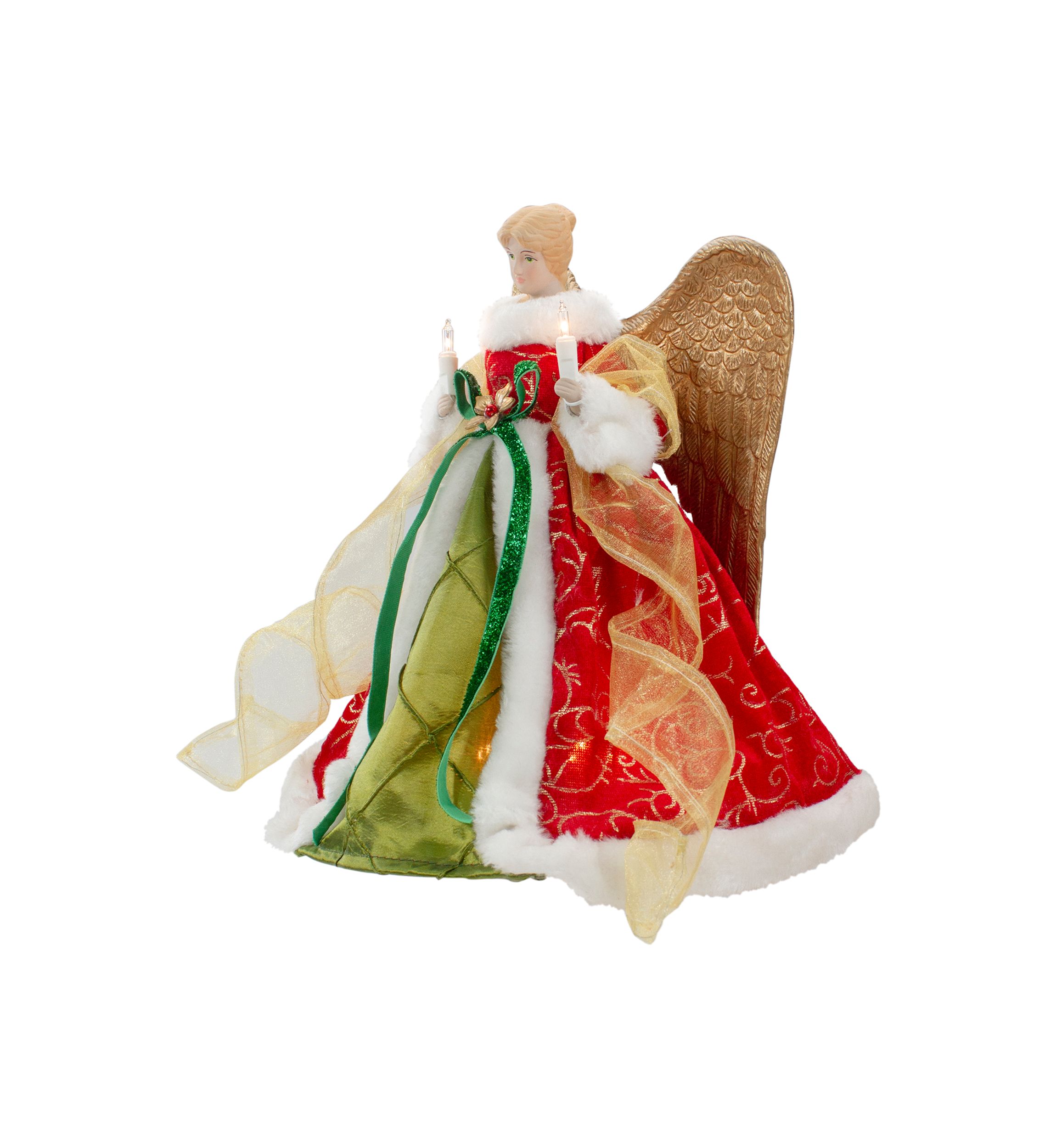 12Inch Lighted Red and Green Angel with Wings Christmas Tree Topper - Clear Lights