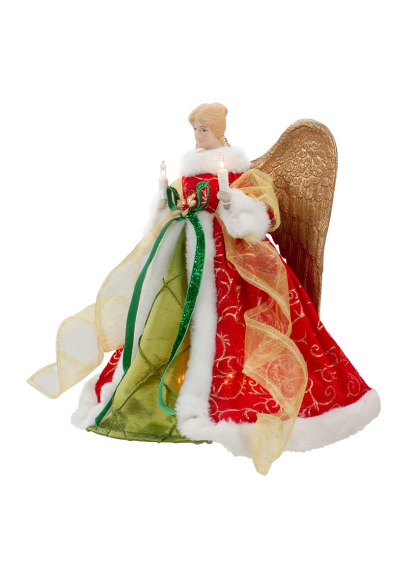 12Inch Lighted Red and Green Angel with Wings Christmas Tree Topper - Clear Lights