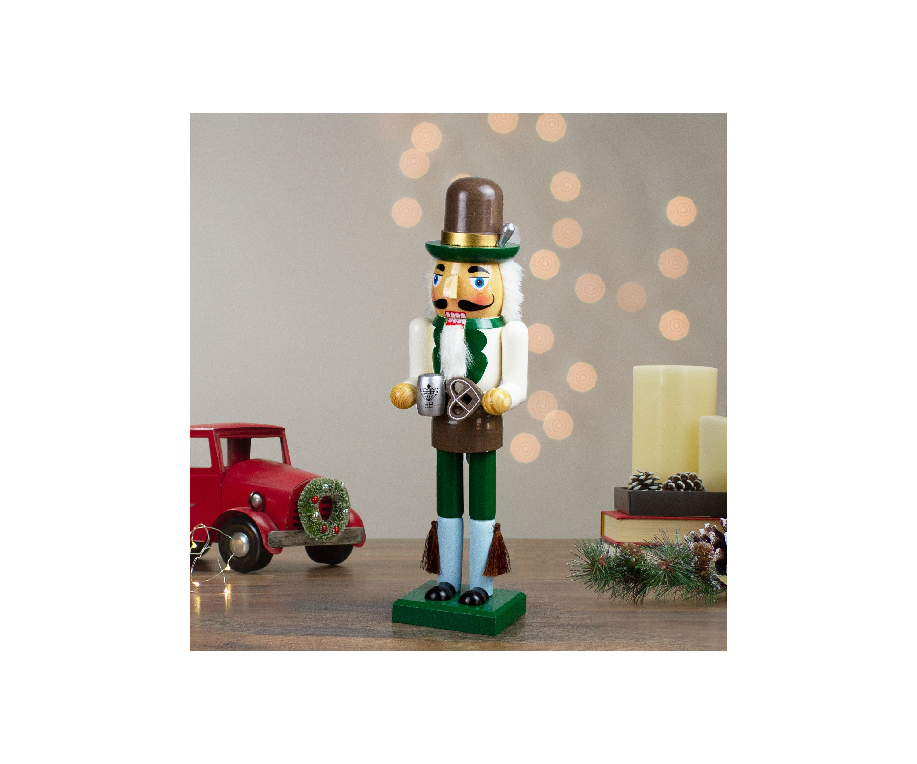 14Inch Green and Cream Wooden German Christmas Nutcracker