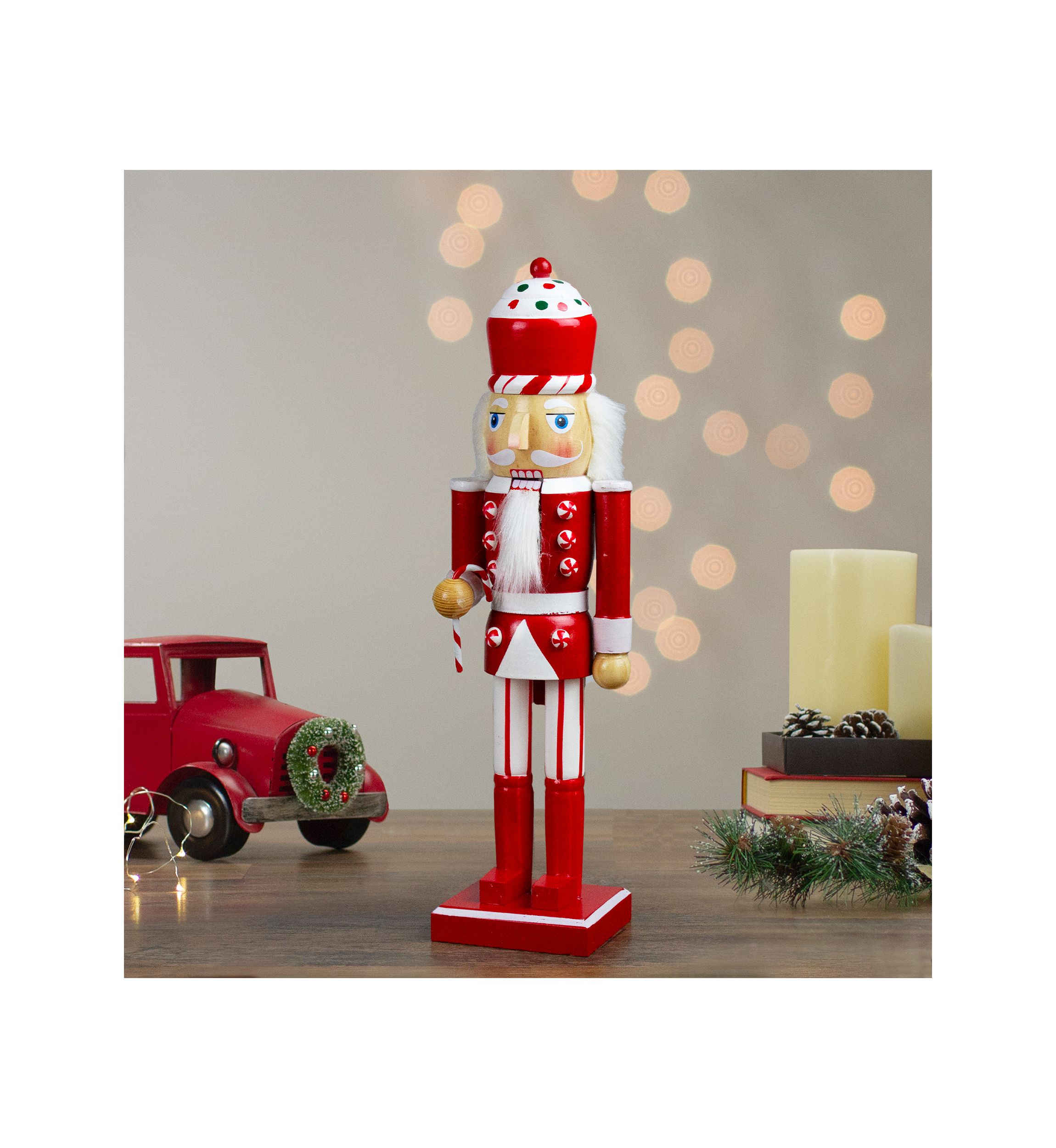14Inch Red and White Wooden Candy Cane King Christmas Nutcracker