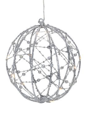 8Inch LED Lighted Silver Wired Christmas Hanging Ball Decoration - Warm White Lights