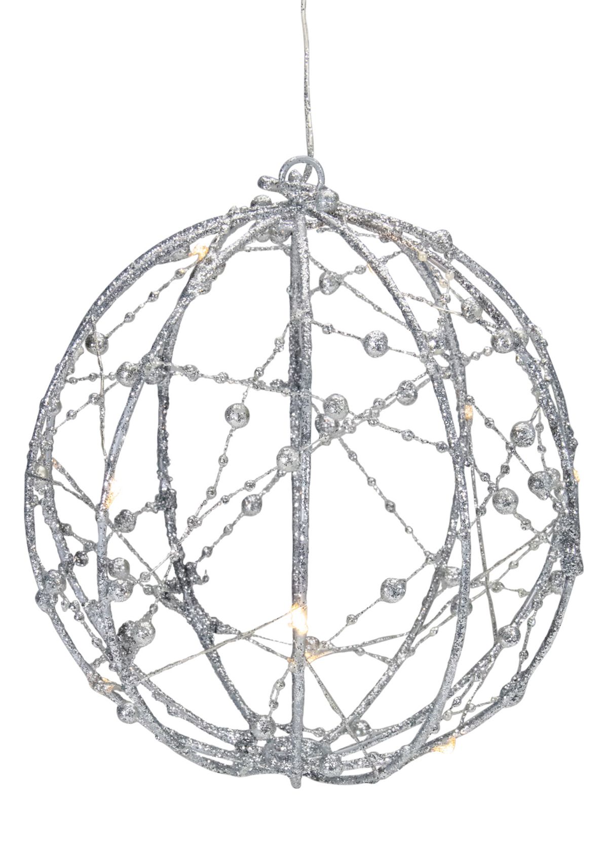 8Inch LED Lighted Silver Wired Christmas Hanging Ball Decoration - Warm White Lights