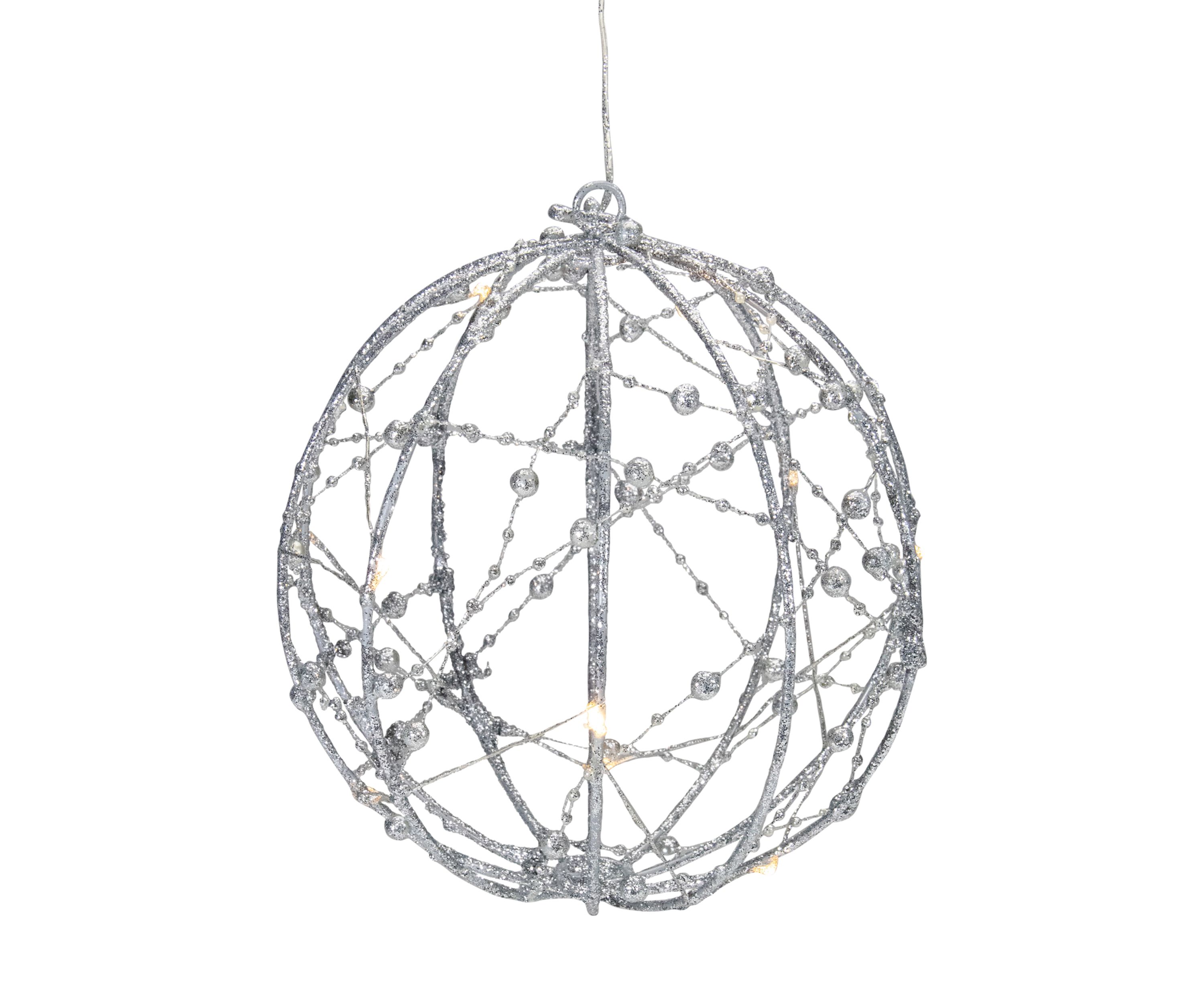 8Inch LED Lighted Silver Wired Christmas Hanging Ball Decoration - Warm White Lights