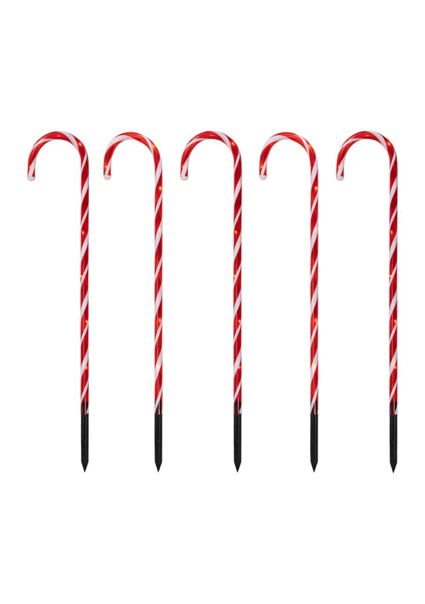 Set of 5 Red Lighted Candy Cane Christmas Lawn Stakes 28Inch