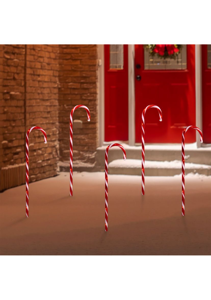 Set of 5 Red Lighted Candy Cane Christmas Lawn Stakes 28Inch
