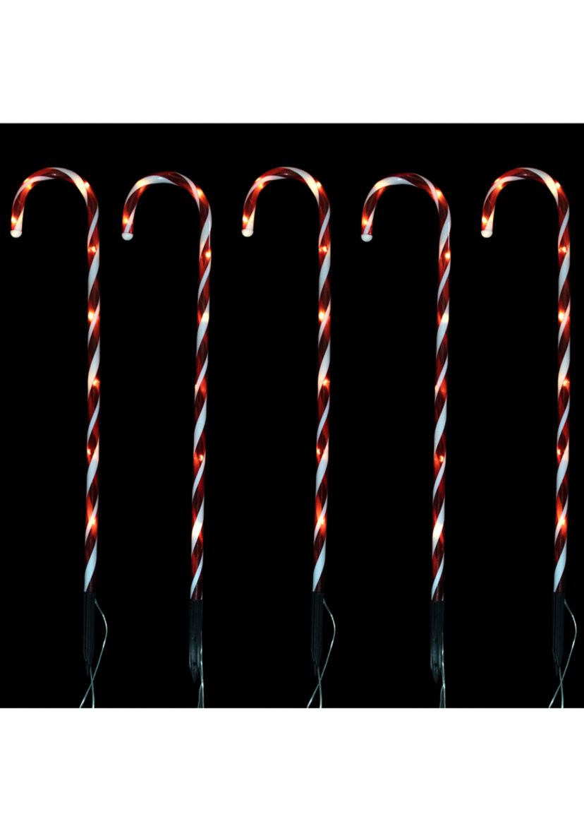 Set of 5 Red Lighted Candy Cane Christmas Lawn Stakes 28Inch
