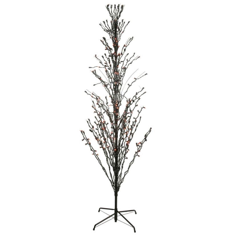 9 Pre-Lit Black Cascade Outdoor Halloween Twig Tree  Orange Lights
