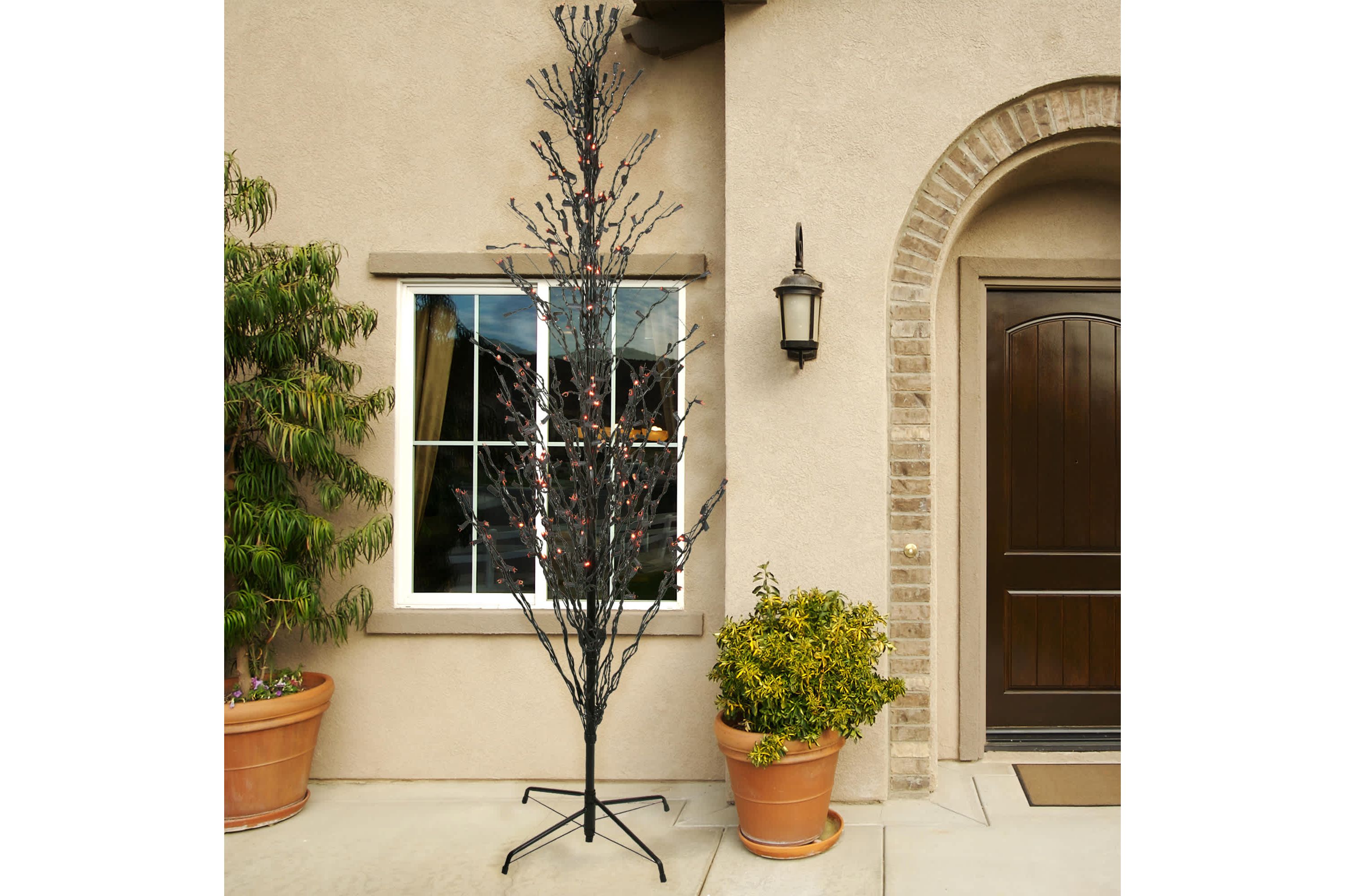 9 Pre-Lit Black Cascade Outdoor Halloween Twig Tree  Orange Lights
