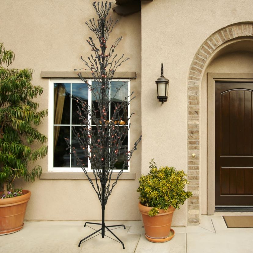 9 Pre-Lit Black Cascade Outdoor Halloween Twig Tree  Orange Lights