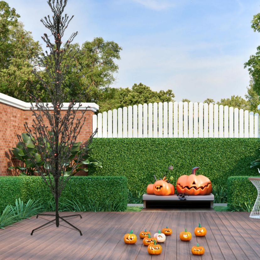 9 Pre-Lit Black Cascade Outdoor Halloween Twig Tree  Orange Lights