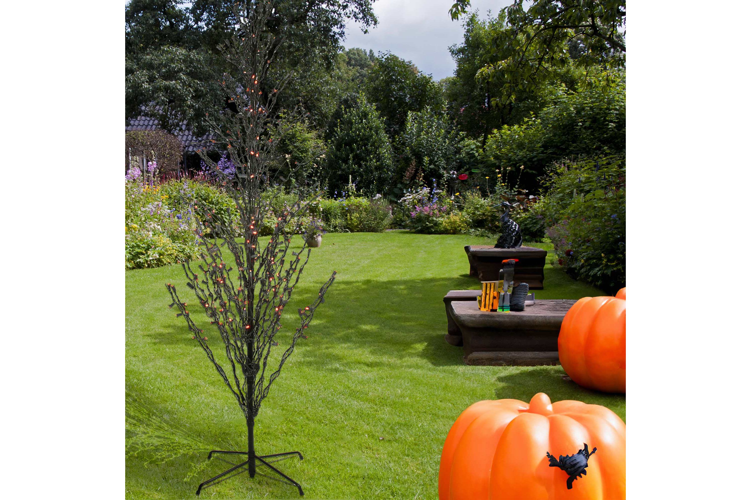 9 Pre-Lit Black Cascade Outdoor Halloween Twig Tree  Orange Lights