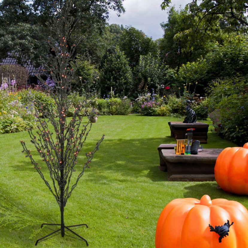 9 Pre-Lit Black Cascade Outdoor Halloween Twig Tree  Orange Lights