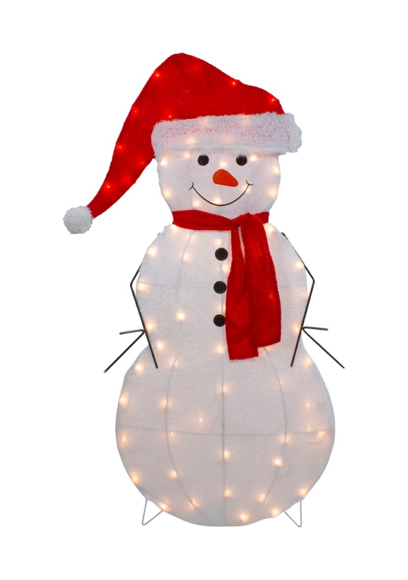 42Inch Lighted 2D Chenille Snowman in Santa Hat Outdoor Christmas Decoration