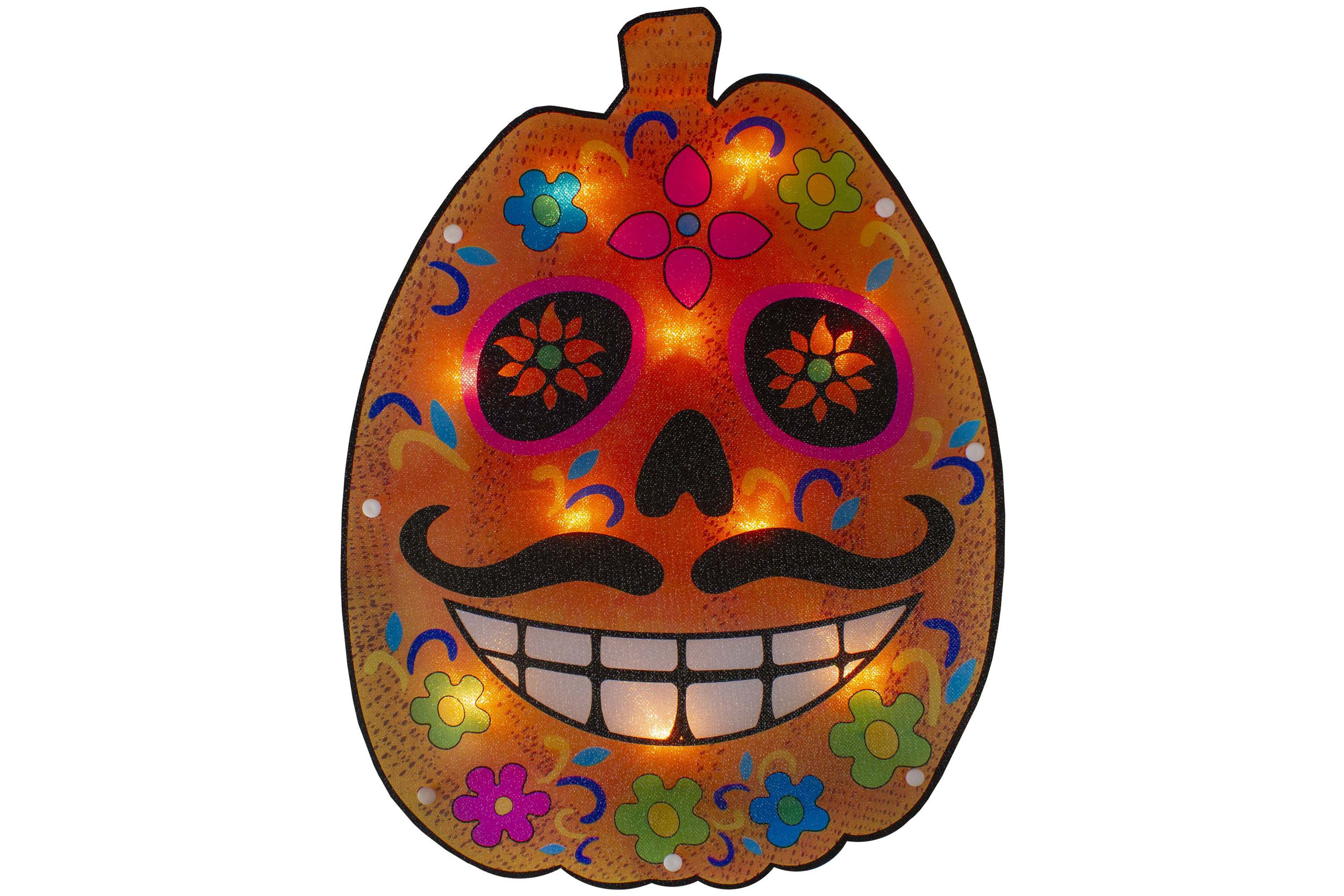 Lighted Sugar Skull Pumpkin Window Halloween Silhouette - 15" - Clear Lights