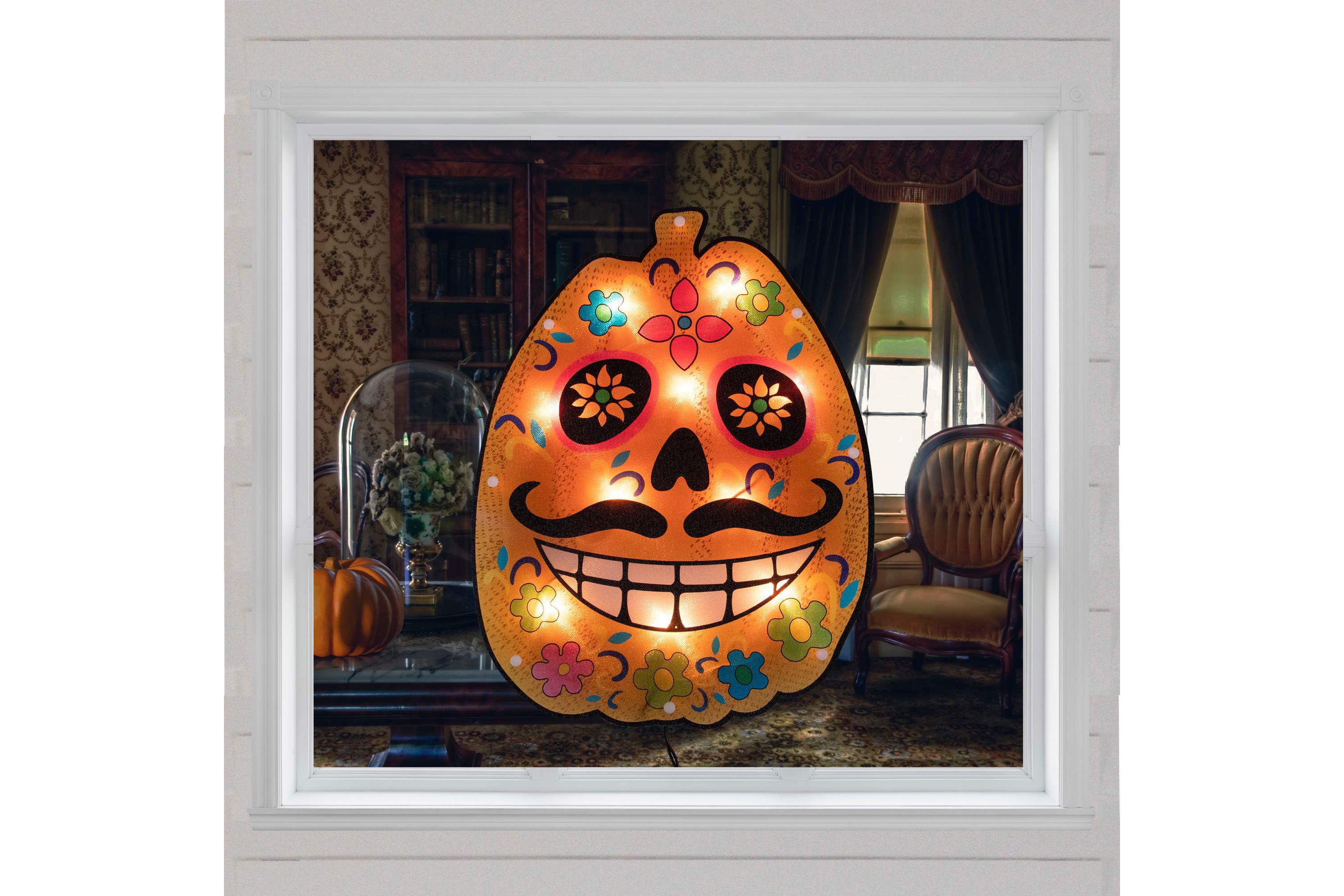 Lighted Sugar Skull Pumpkin Window Halloween Silhouette - 15" - Clear Lights