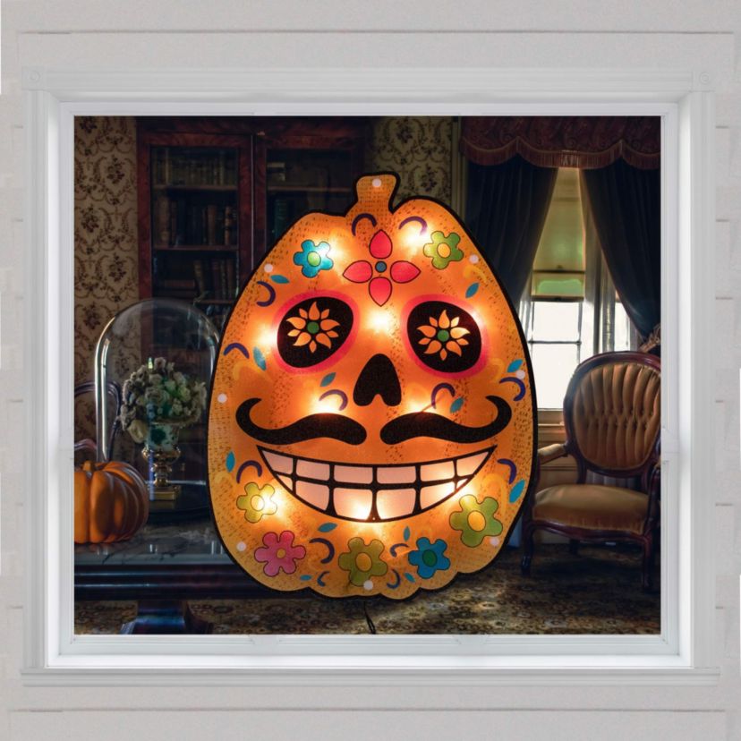 Lighted Sugar Skull Pumpkin Window Halloween Silhouette - 15" - Clear Lights