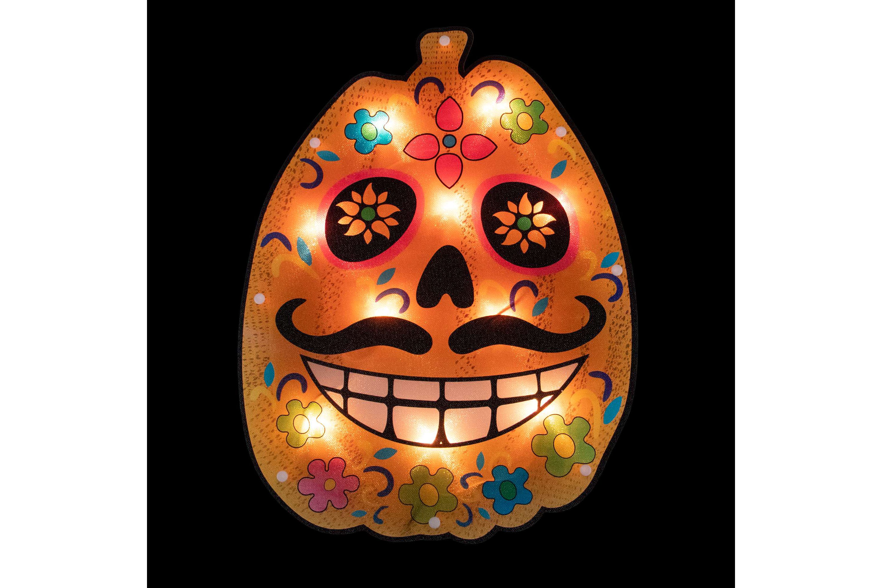Lighted Sugar Skull Pumpkin Window Halloween Silhouette - 15" - Clear Lights