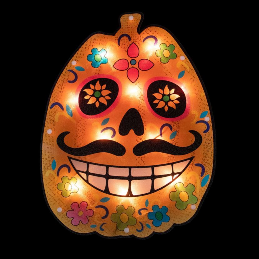 Lighted Sugar Skull Pumpkin Window Halloween Silhouette - 15" - Clear Lights