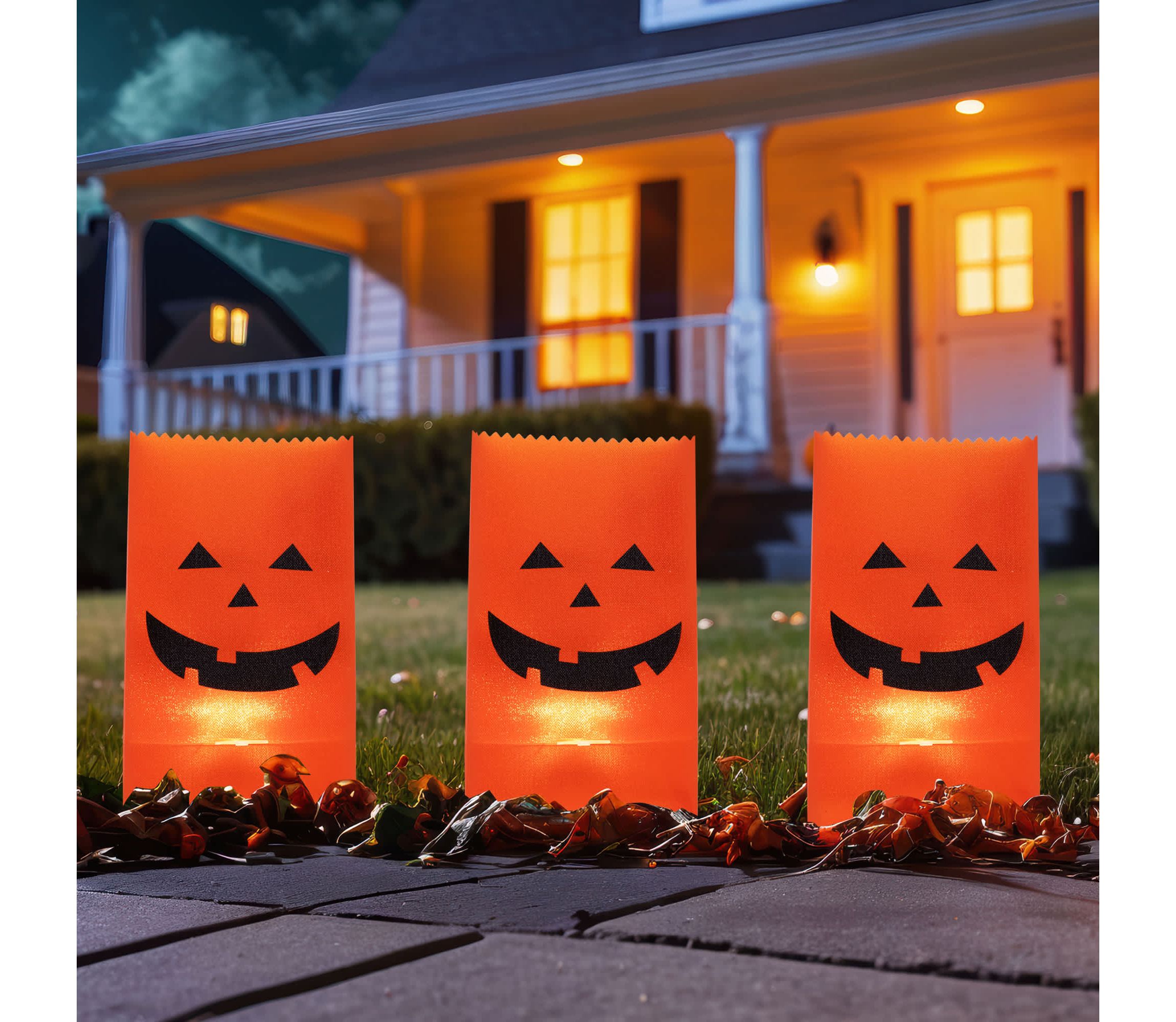 Set of 3 Jack-O-Lantern Halloween Luminary Pathway Markers - 5ft Black Wire