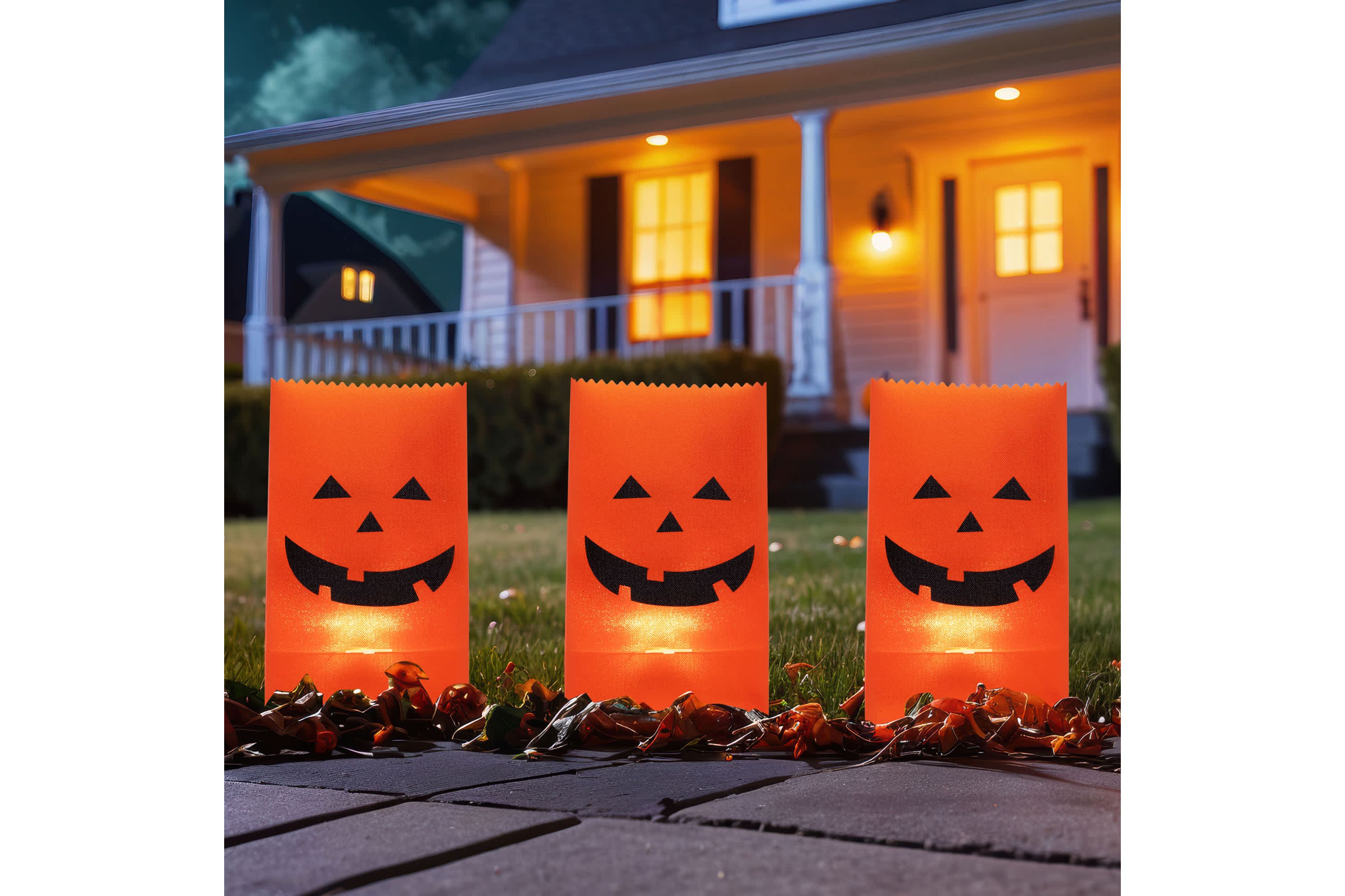 Set of 3 Jack-O-Lantern Halloween Luminary Pathway Markers - 5ft Black Wire