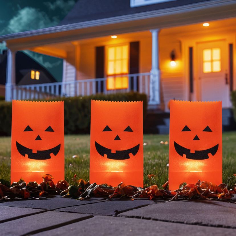 Set of 3 Jack-O-Lantern Halloween Luminary Pathway Markers - 5ft Black Wire