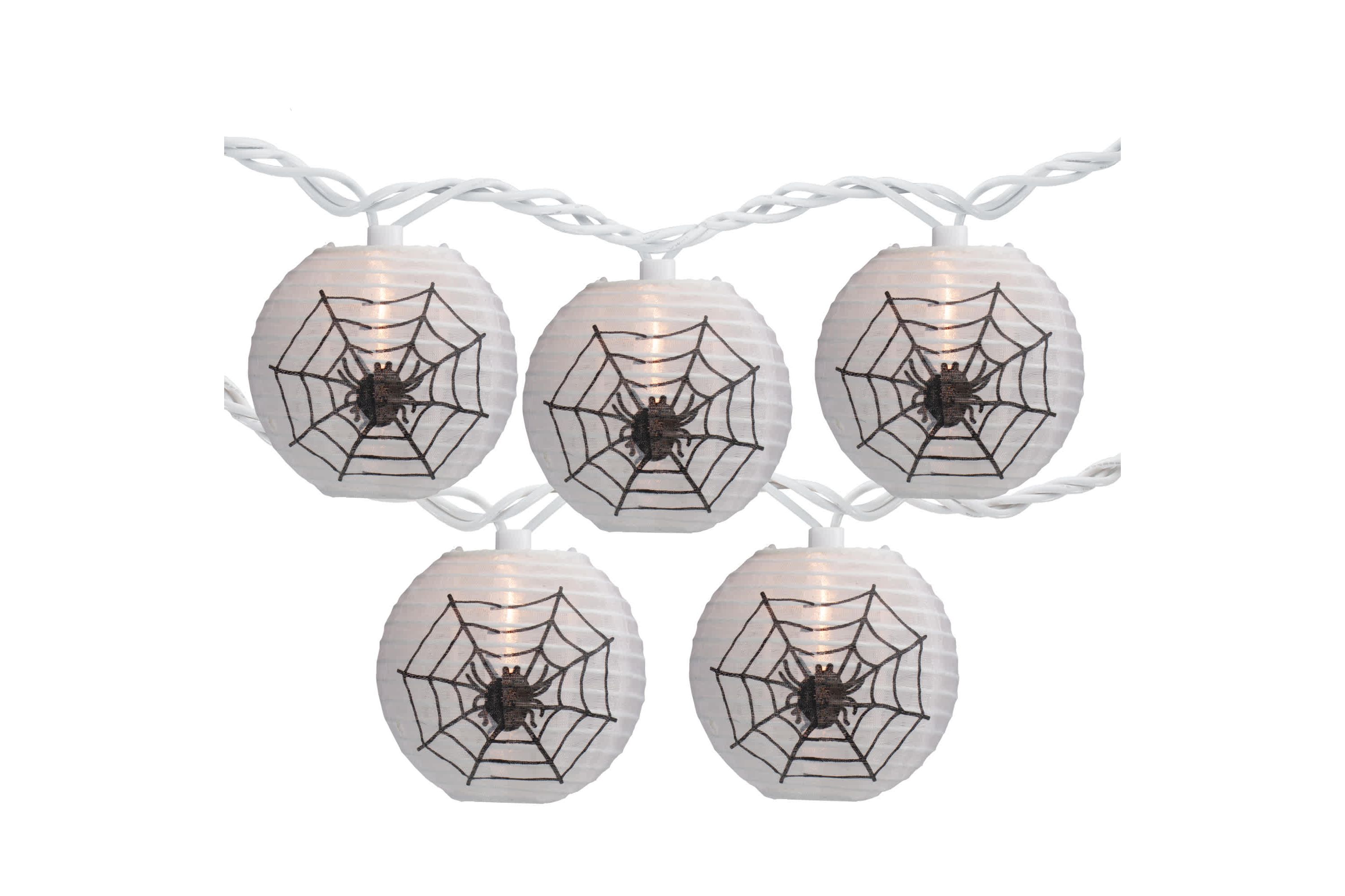 10-Count Black Spider in Web Paper Lantern Halloween Lights  8.5ft White Wire