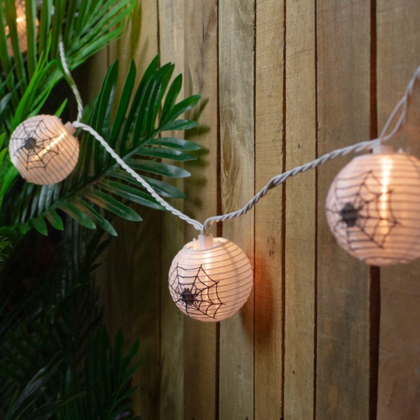 10-Count Black Spider in Web Paper Lantern Halloween Lights  8.5ft White Wire