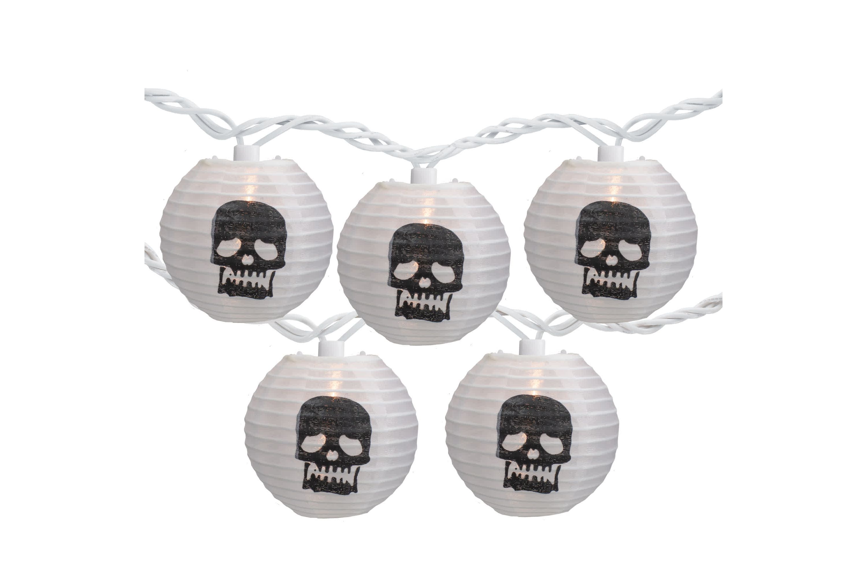 10-Count White and Black Skull Paper Lantern Halloween Lights  8.5ft White Wire