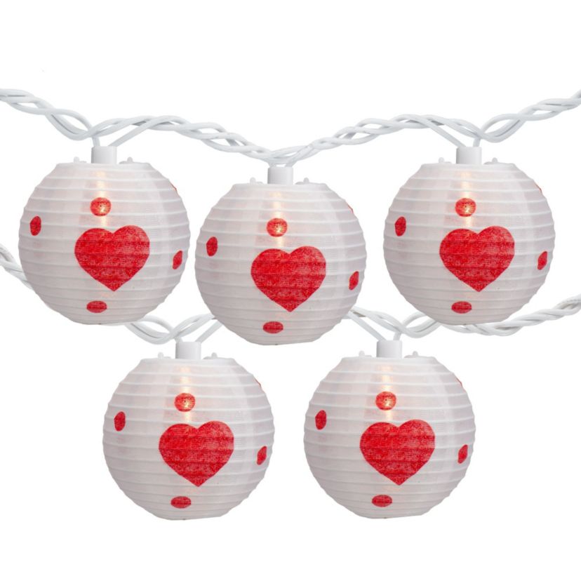 10-Count White and Red Heart Paper Lantern Valentines Day Lights  8.5ft White Wire
