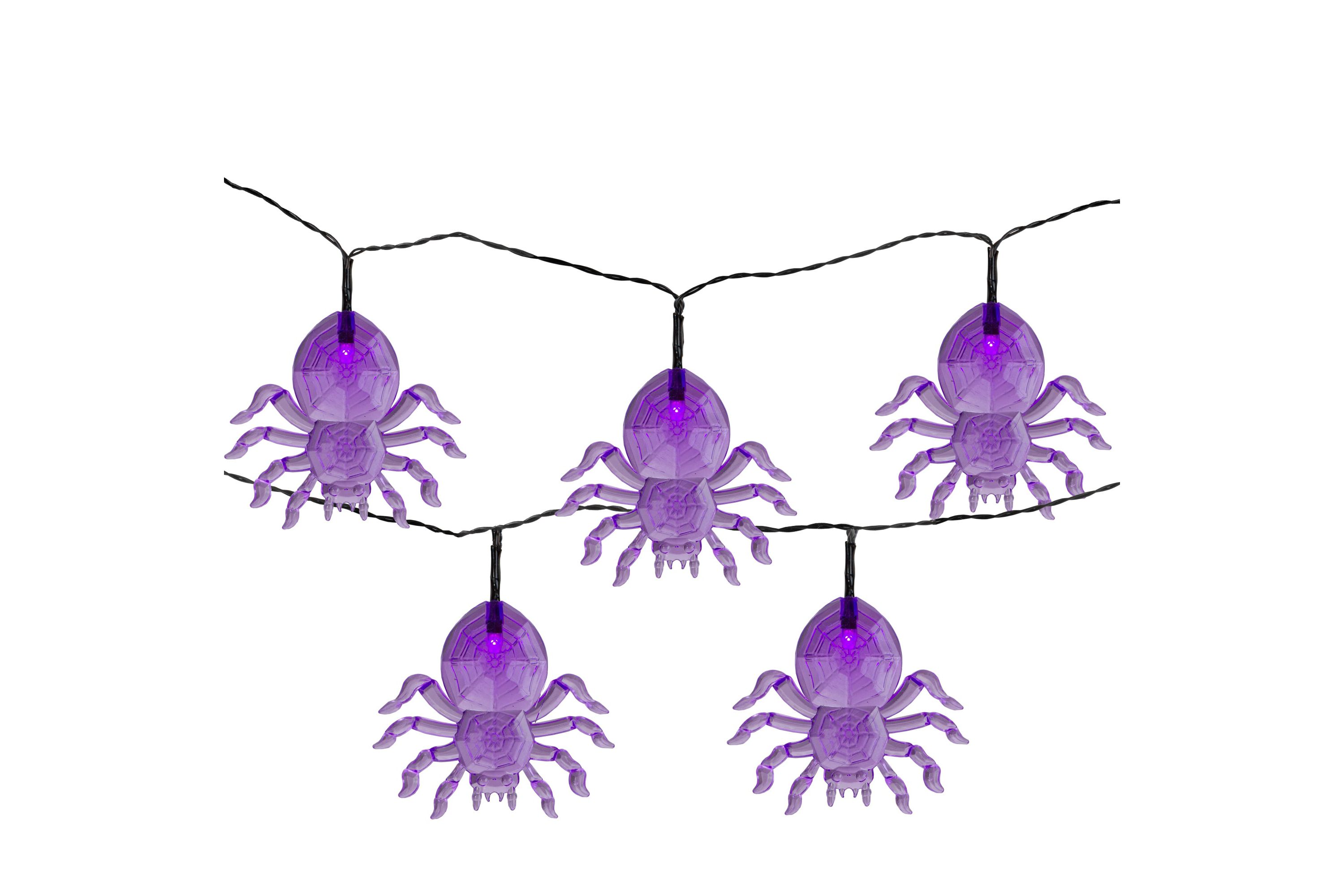 10-Count Pre-Lit LED Purple Spider Halloween Lights 6ft Black Wire