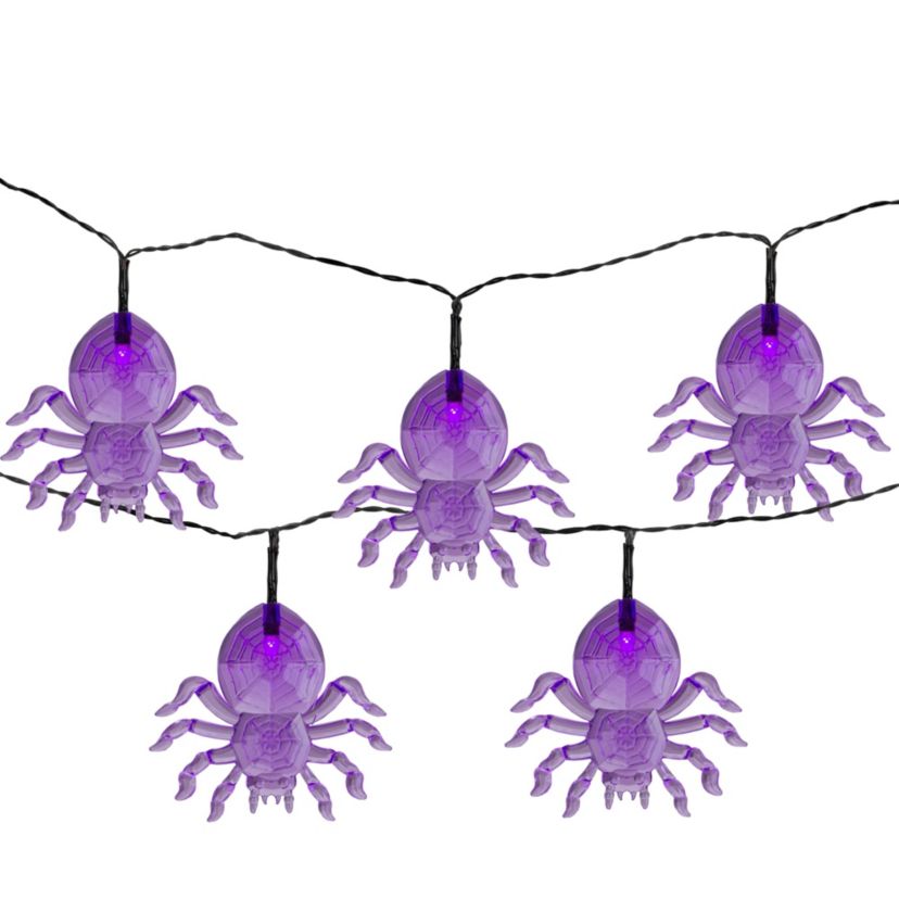 10-Count Pre-Lit LED Purple Spider Halloween Lights 6ft Black Wire