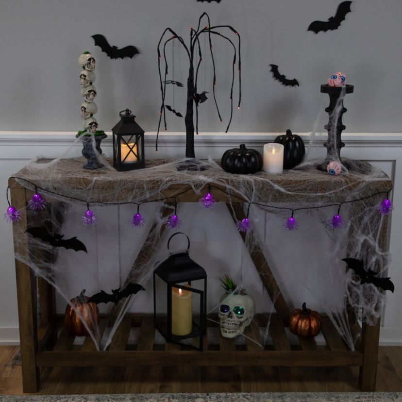 10-Count Pre-Lit LED Purple Spider Halloween Lights 6ft Black Wire