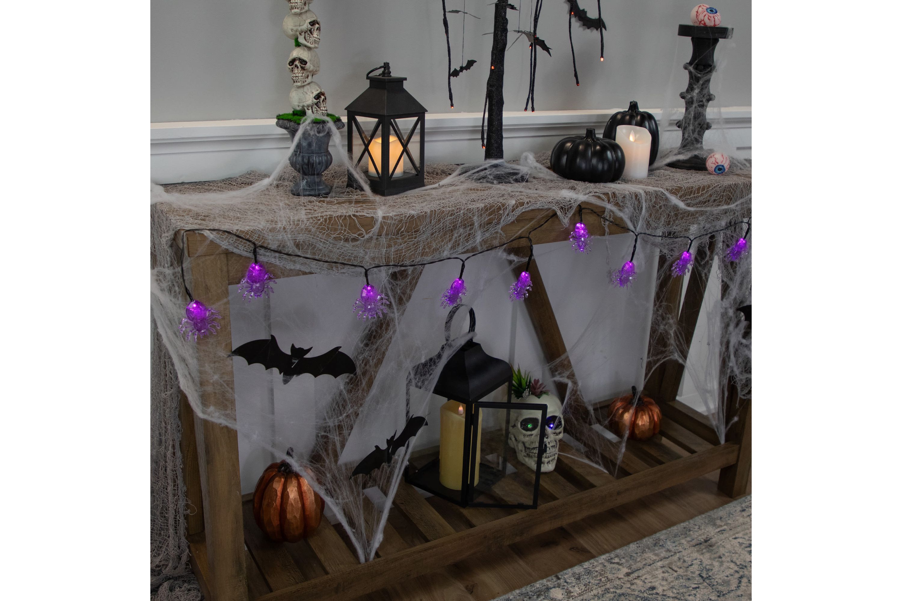 10-Count Pre-Lit LED Purple Spider Halloween Lights 6ft Black Wire