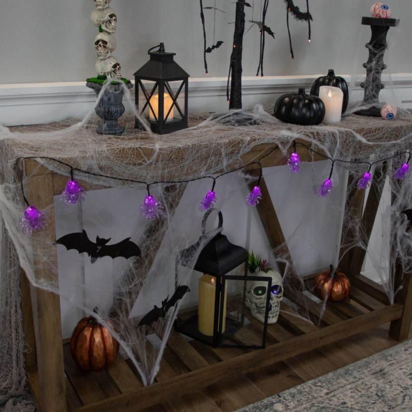 10-Count Pre-Lit LED Purple Spider Halloween Lights 6ft Black Wire