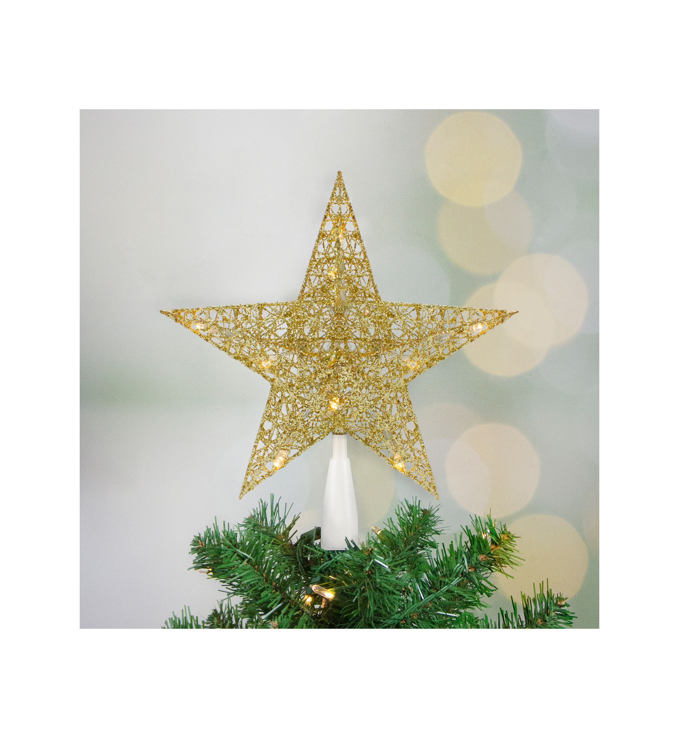 10Inch LED Lighted Gold Glittered Star Christmas Tree Topper  Warm White Lights