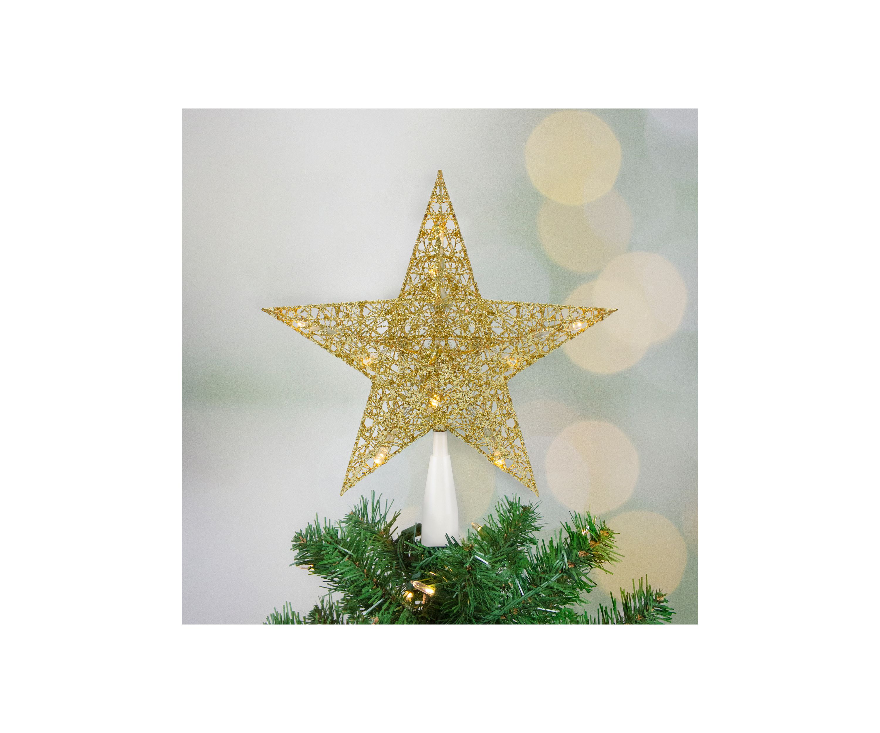 10Inch LED Lighted Gold Glittered Star Christmas Tree Topper  Warm White Lights