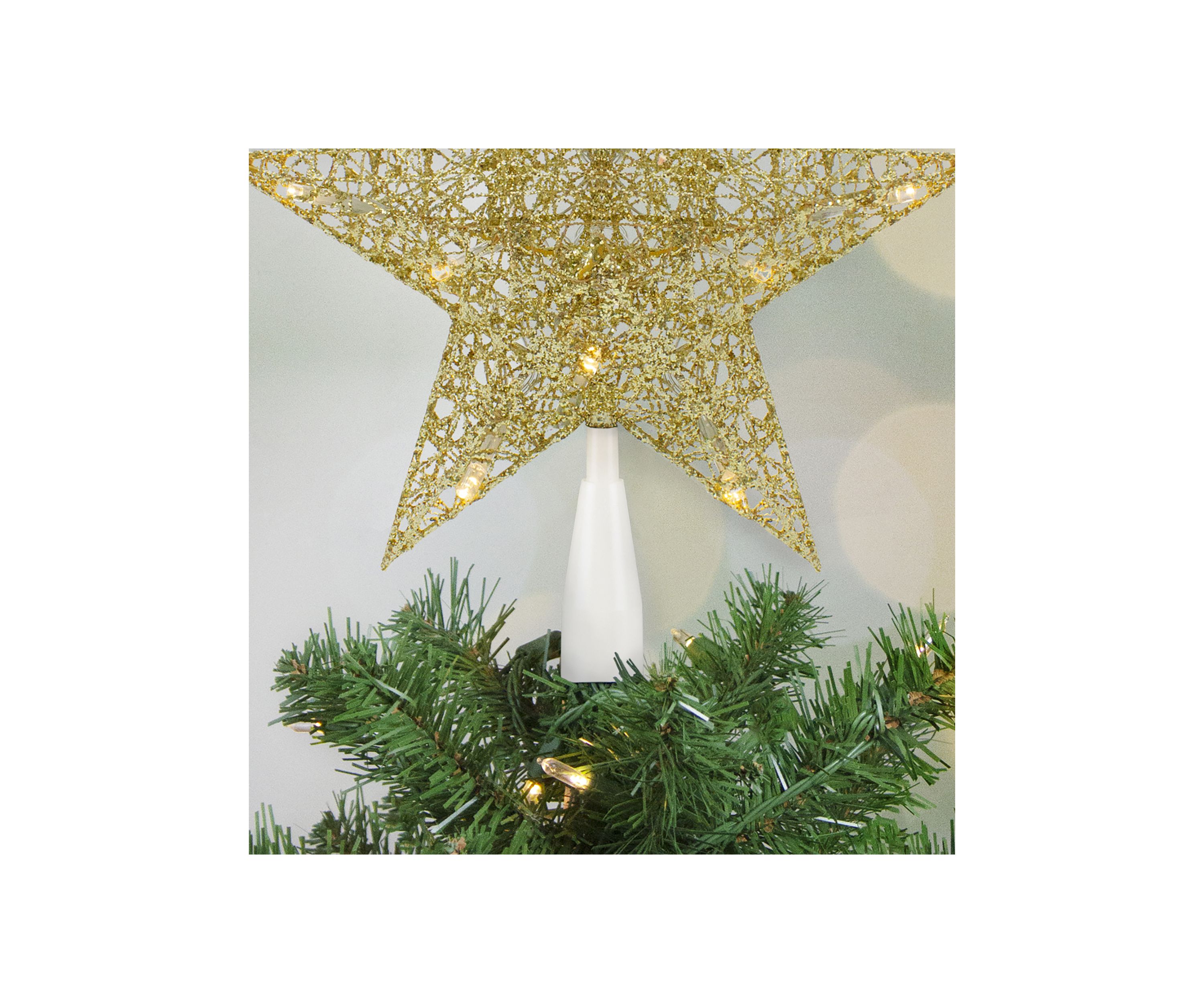 10Inch LED Lighted Gold Glittered Star Christmas Tree Topper  Warm White Lights