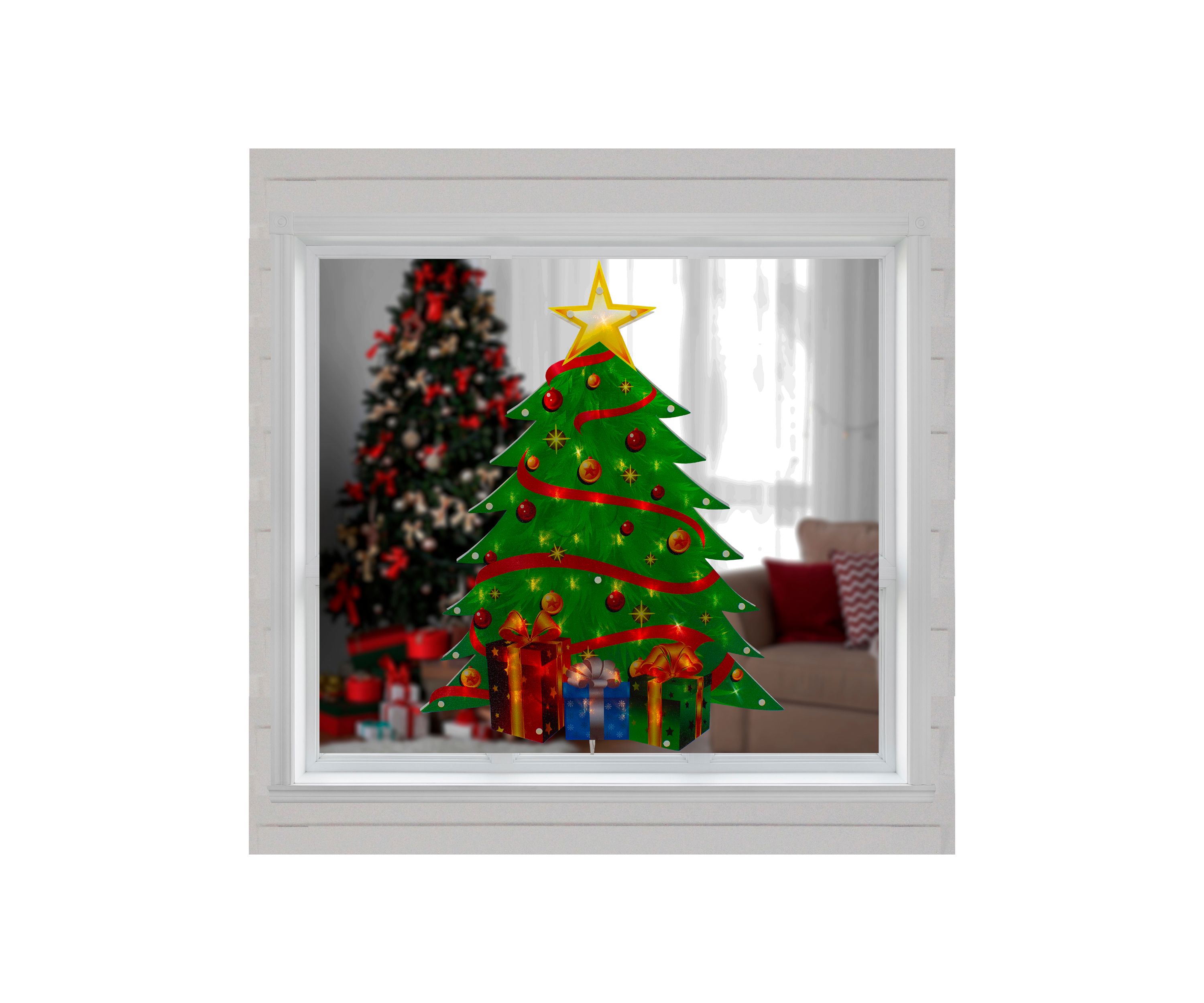 22.5Inch Lighted Christmas Tree with Presents Window Silhouette