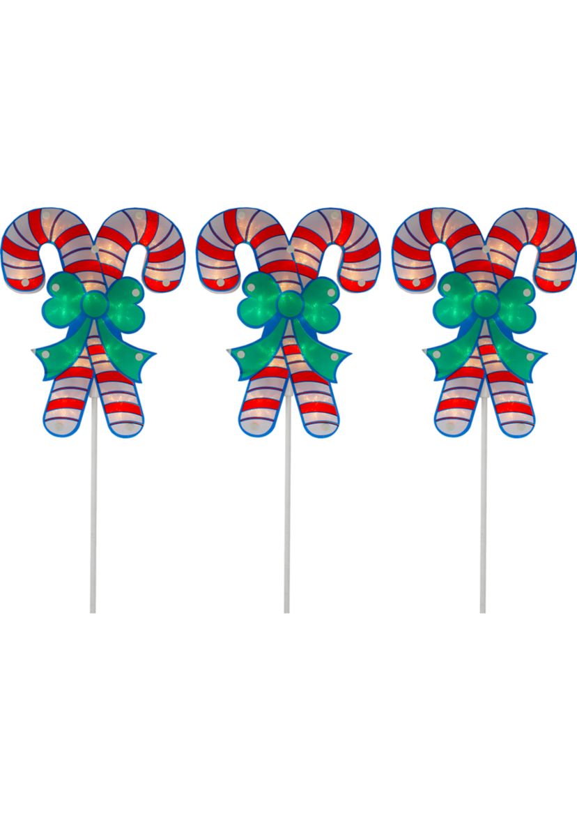 Set of 3 Lighted Holographic Candy Cane Christmas Pathway Markers 25.5Inch