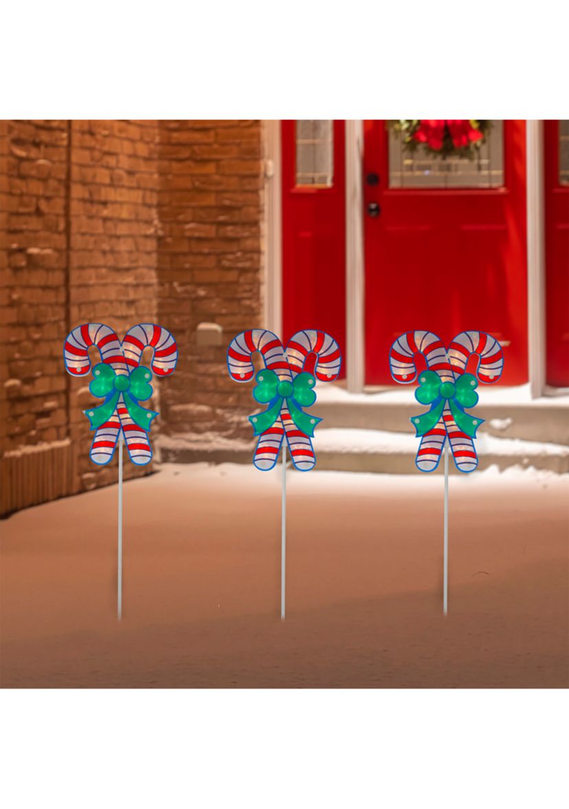 Set of 3 Lighted Holographic Candy Cane Christmas Pathway Markers 25.5Inch