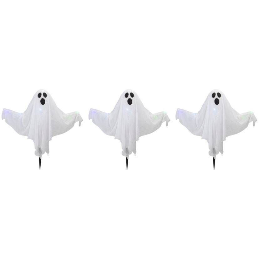 Set of 3 Lighted White Ghost Halloween Lawn Stakes 20"