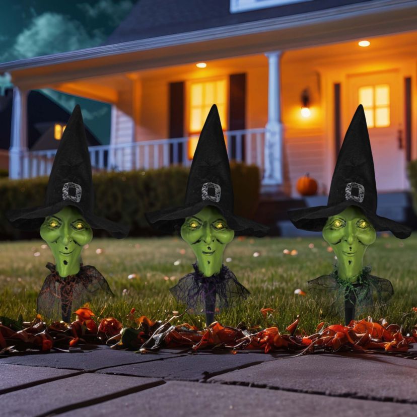 Lighted Smirking Witch Halloween Outdoor Pathway Markers with Timer - Set of 3