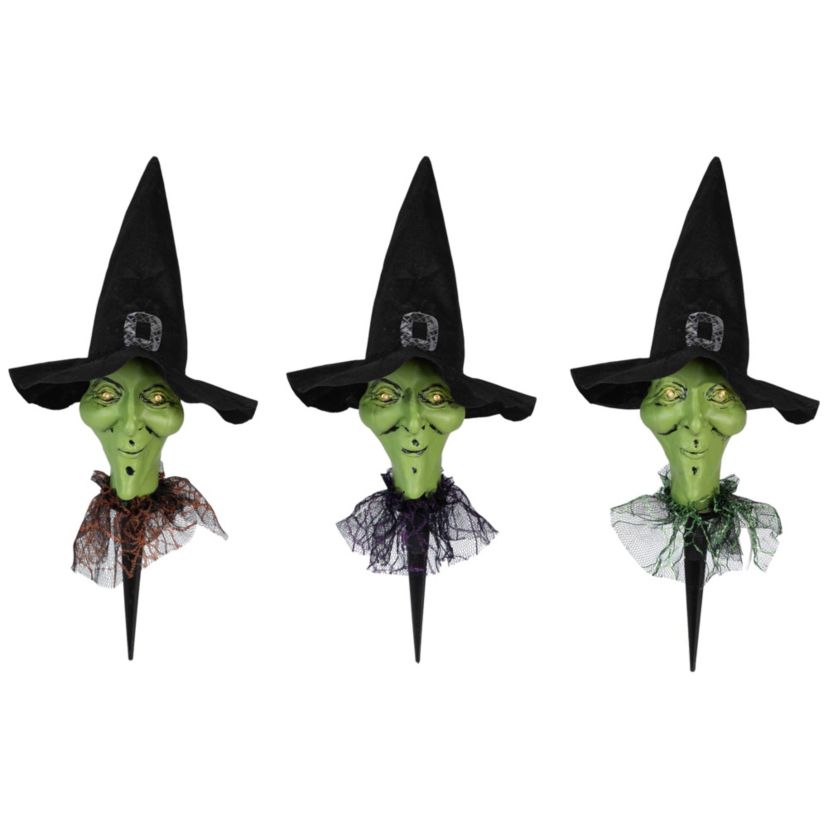Lighted Smirking Witch Halloween Outdoor Pathway Markers with Timer - Set of 3