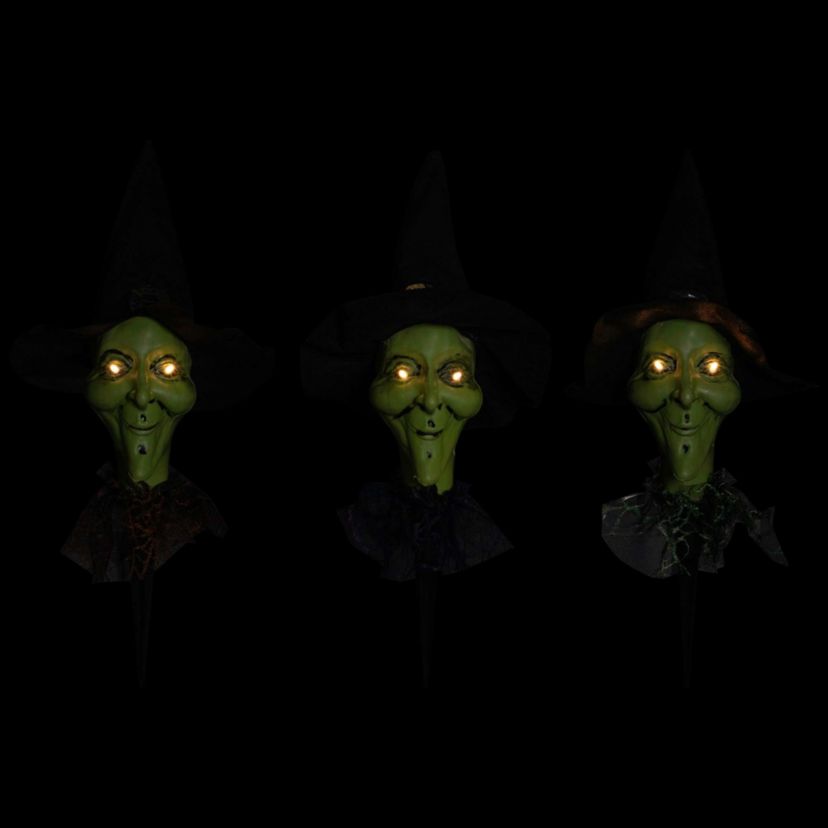 Lighted Smirking Witch Halloween Outdoor Pathway Markers with Timer - Set of 3