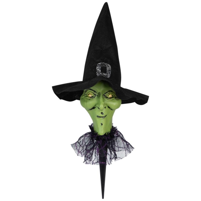 Lighted Smirking Witch Halloween Outdoor Pathway Markers with Timer - Set of 3