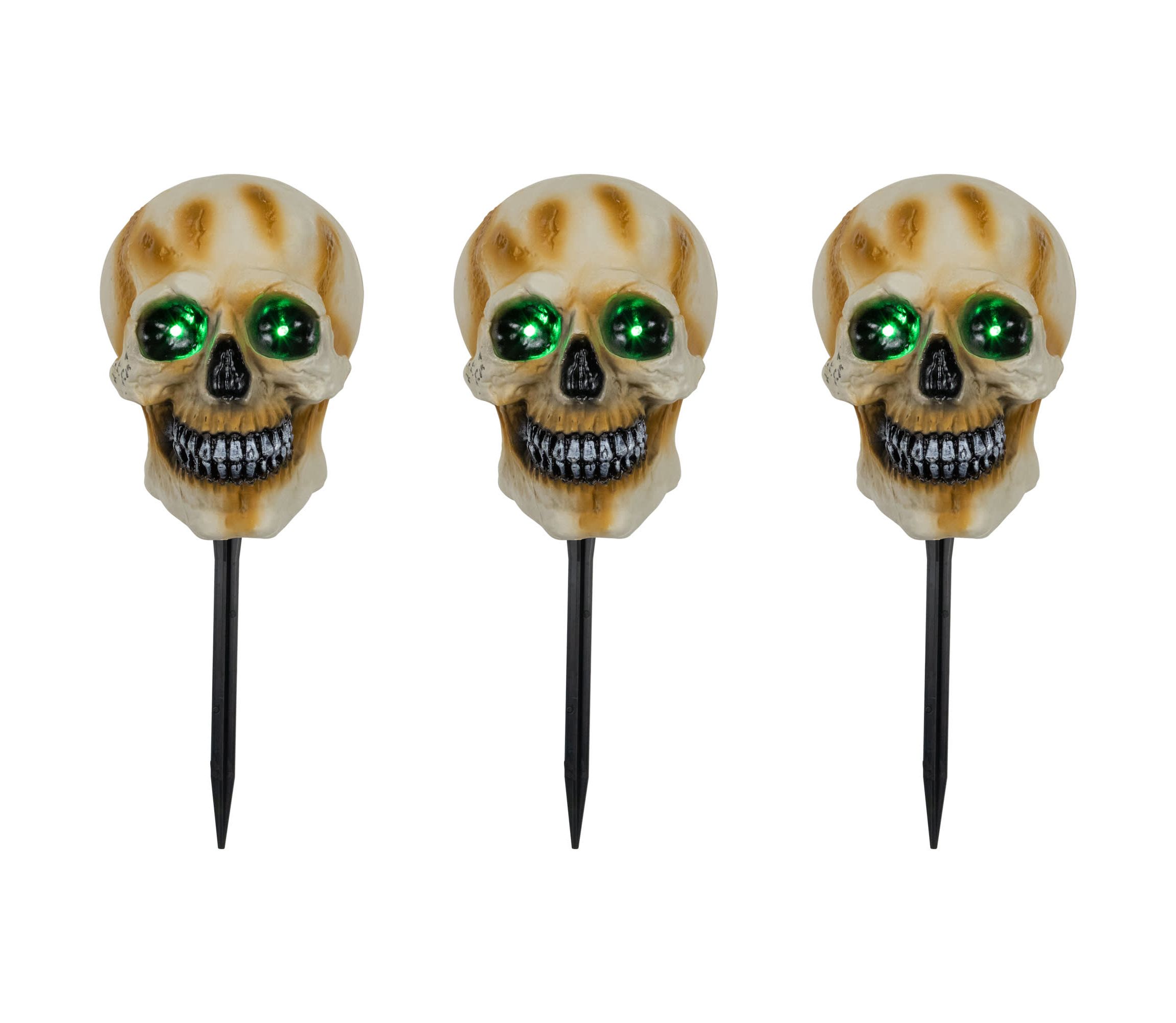 Set of 3 Lighted Skeleton Head Halloween Pathway Markers with Sound - Battery Operated